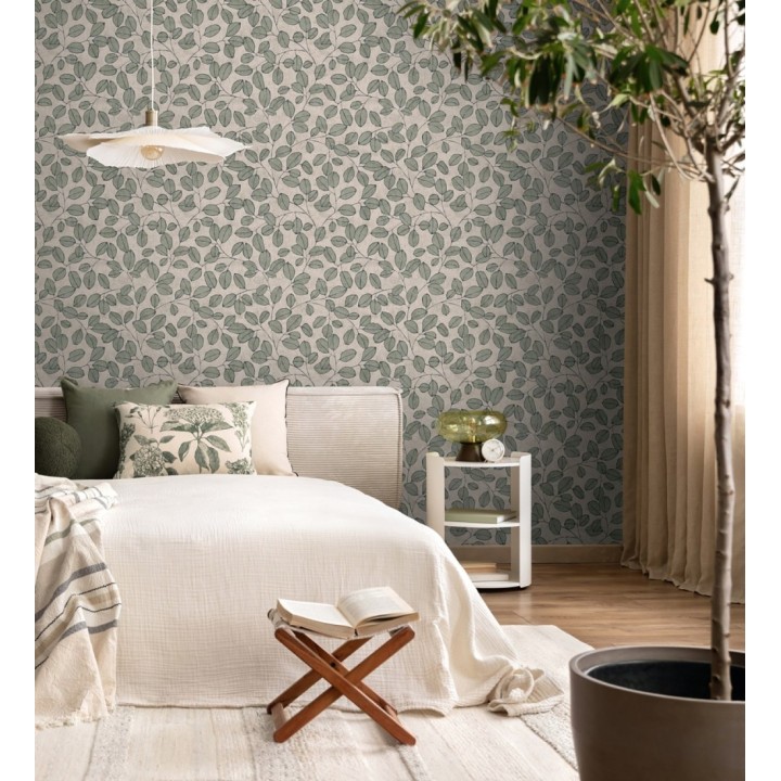 Papel pintado hojas vintage pátina verde bosque claro - Euca Pristine 684944