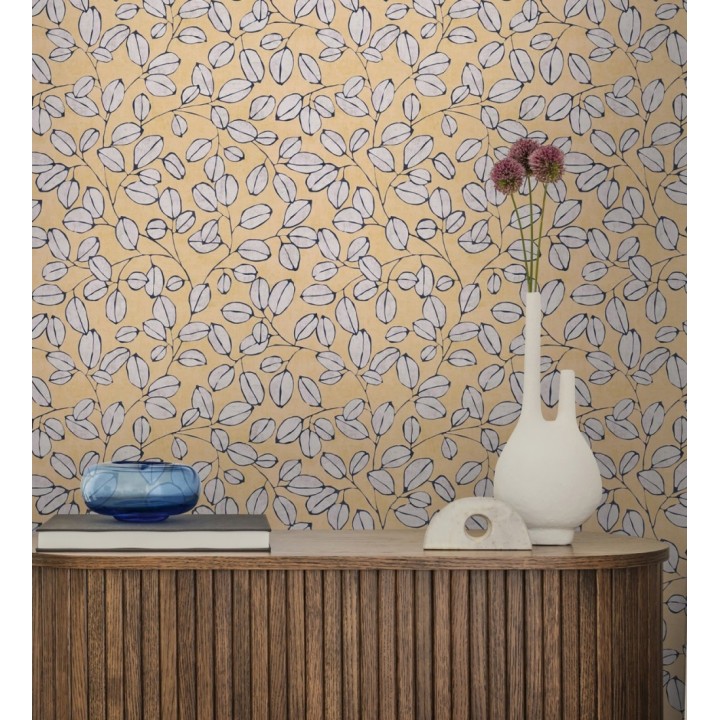 Papel pintado hojas vintage pátina amarillo mostaza - Euca Pristine 684946