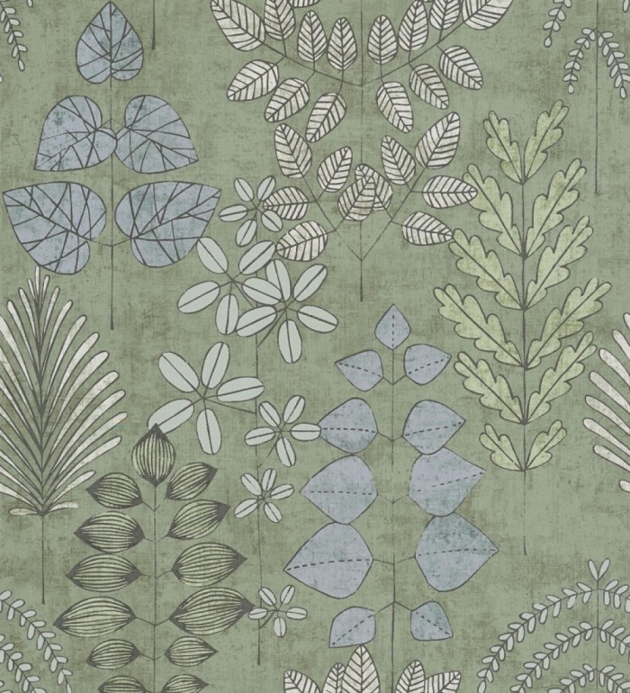 Papel pintado herbario retro vintage refinado pátina fondo color verde - Adelaide Lush 684948