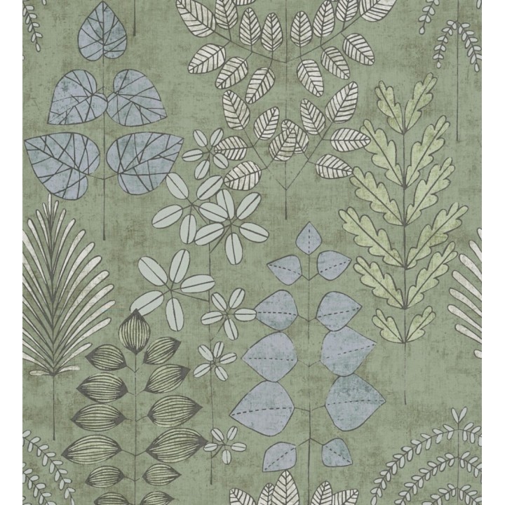 Papel pintado herbario retro vintage refinado pátina fondo color verde - Adelaide Lush 684948