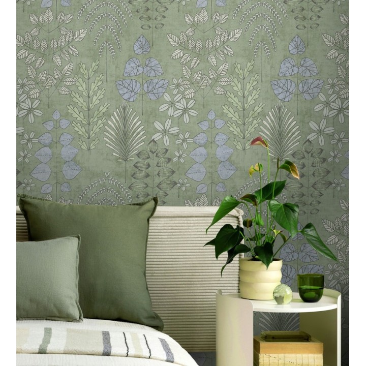 Papel pintado herbario retro vintage refinado pátina fondo color verde - Adelaide Lush 684948