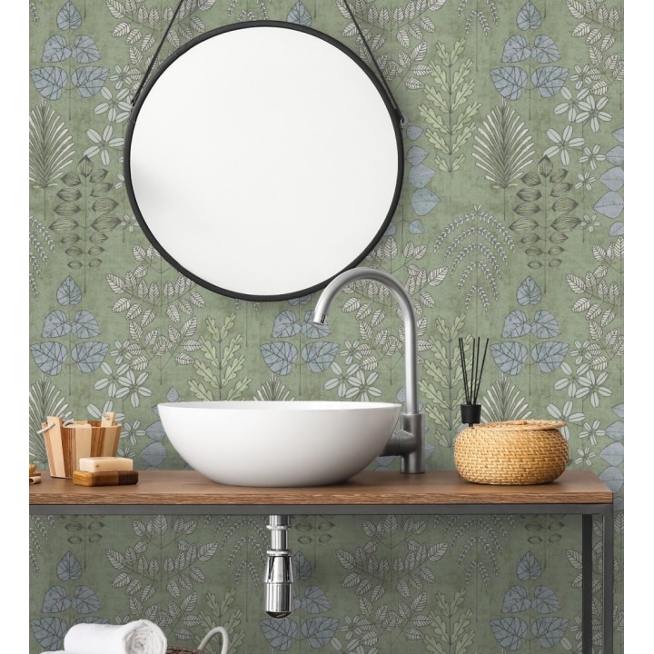 Papel pintado herbario retro vintage refinado pátina fondo color verde - Adelaide Lush 684948