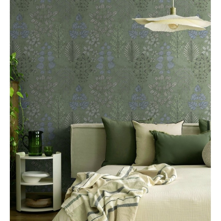 Papel pintado herbario retro vintage refinado pátina fondo color verde - Adelaide Lush 684948