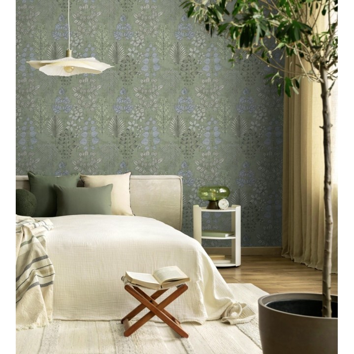 Papel pintado herbario retro vintage refinado pátina fondo color verde - Adelaide Lush 684948