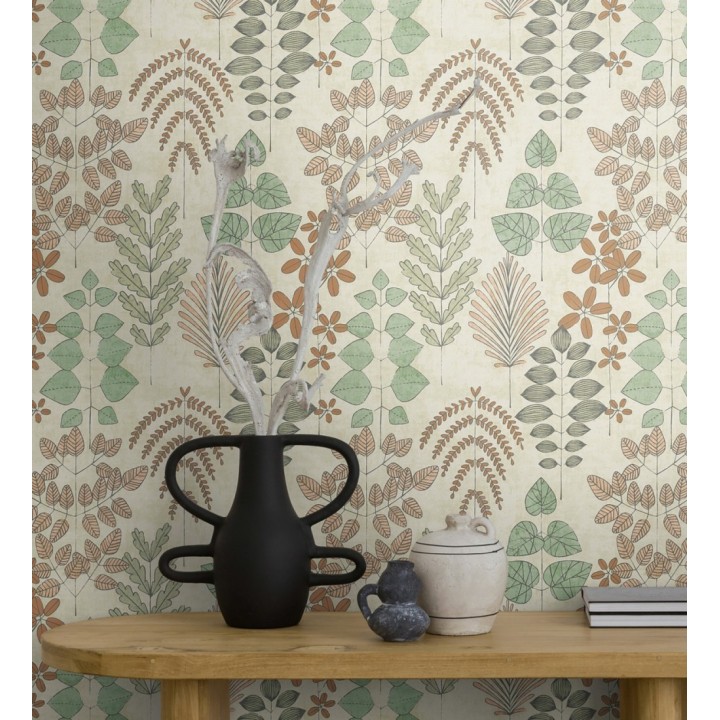 Papel pintado herbario retro vintage refinado pátina fondo color arena - Adelaide Lush 684949