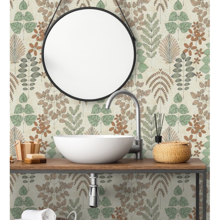 Papel pintado herbario retro vintage refinado pátina fondo color arena - Adelaide Lush 684949