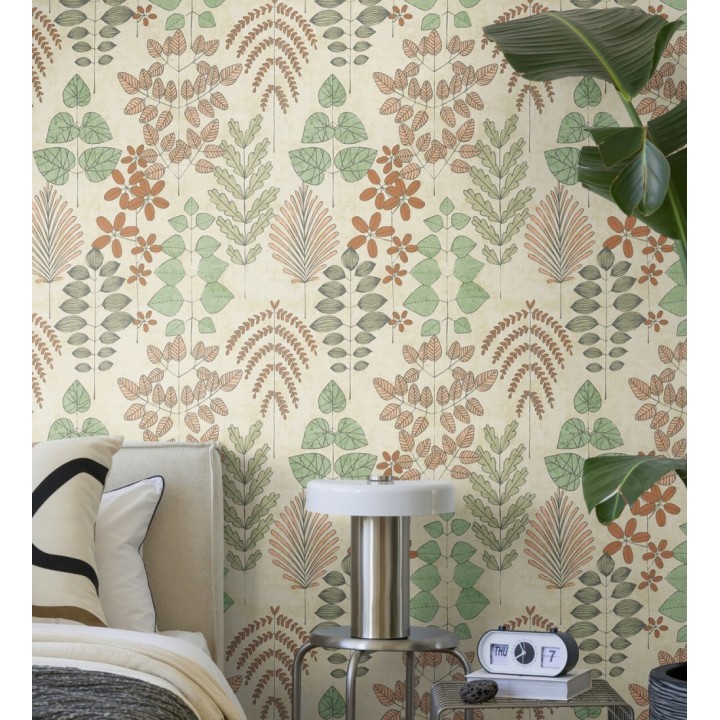 Papel pintado herbario retro vintage refinado pátina fondo color arena - Adelaide Lush 684949