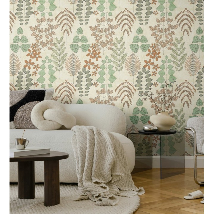 Papel pintado herbario retro vintage refinado pátina fondo color arena - Adelaide Lush 684949