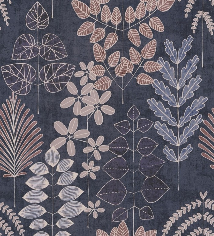 Papel pintado herbario retro vintage refinado pátina fondo color azul oscuro - Adelaide Lush 684951