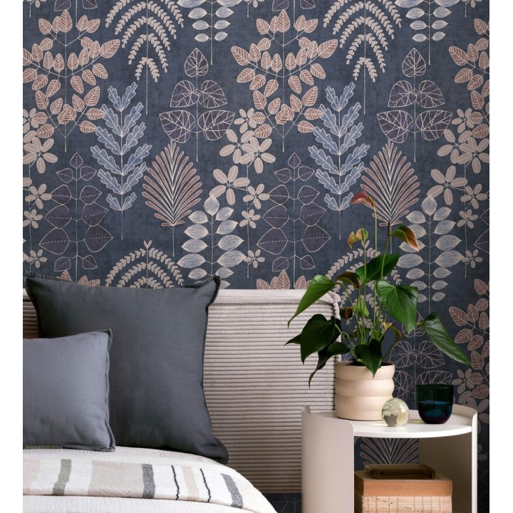 Papel pintado herbario retro vintage refinado pátina fondo color azul oscuro - Adelaide Lush 684951