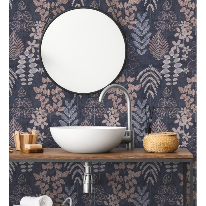 Papel pintado herbario retro vintage refinado pátina fondo color azul oscuro - Adelaide Lush 684951