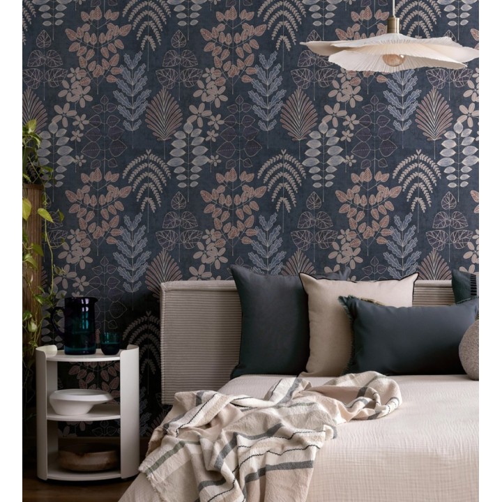 Papel pintado herbario retro vintage refinado pátina fondo color azul oscuro - Adelaide Lush 684951