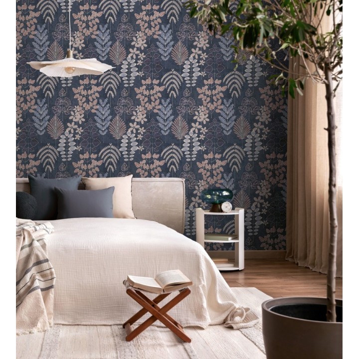 Papel pintado herbario retro vintage refinado pátina fondo color azul oscuro - Adelaide Lush 684951