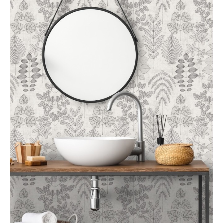 Papel pintado herbario retro vintage refinado pátina fondo color gris claro - Adelaide Lush 684952