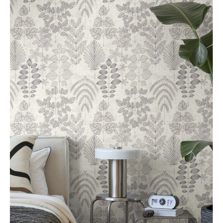 Papel pintado herbario retro vintage refinado pátina fondo color gris claro - Adelaide Lush 684952