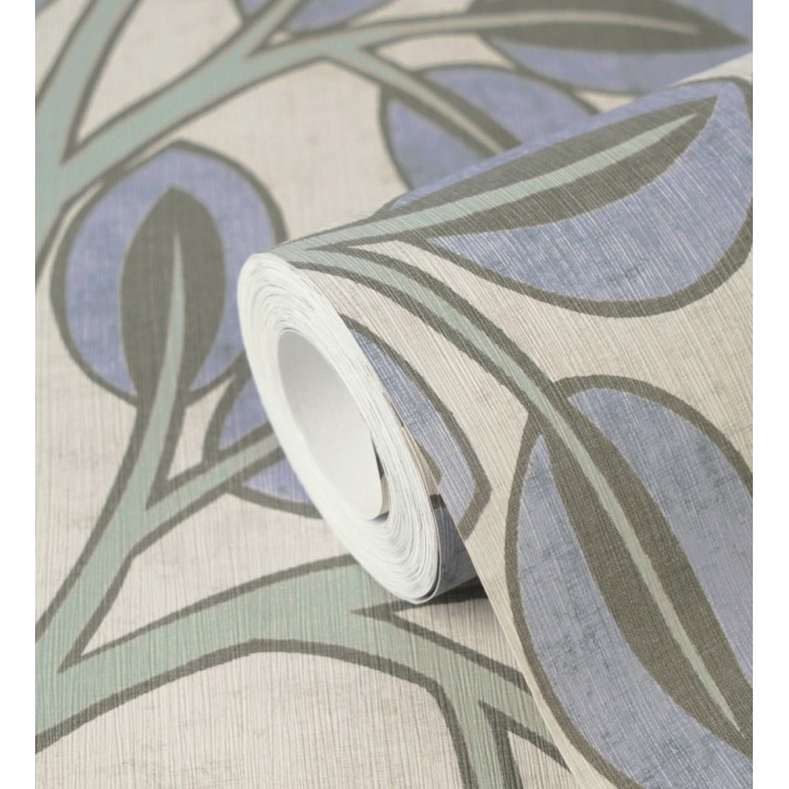 Papel pintado botánico retro refinado hojas azul añil fondo gris piedra - Pippa Spring 684953