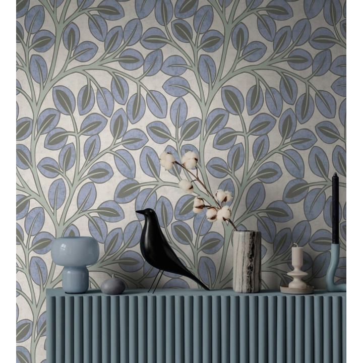 Papel pintado botánico retro refinado hojas azul añil fondo gris piedra - Pippa Spring 684953