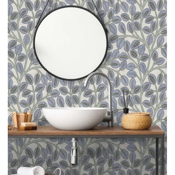 Papel pintado botánico retro refinado hojas azul añil fondo gris piedra - Pippa Spring 684953