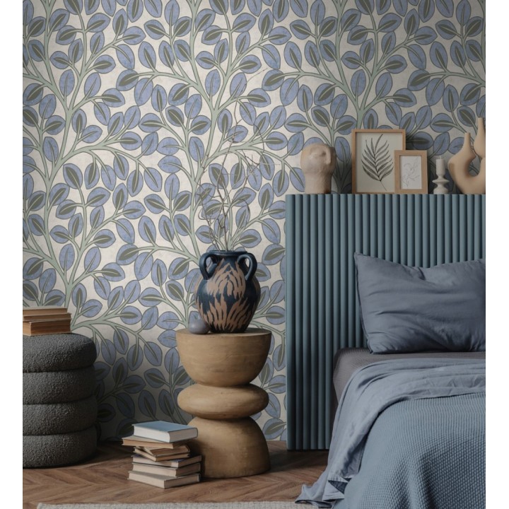 Papel pintado botánico retro refinado hojas azul añil fondo gris piedra - Pippa Spring 684953