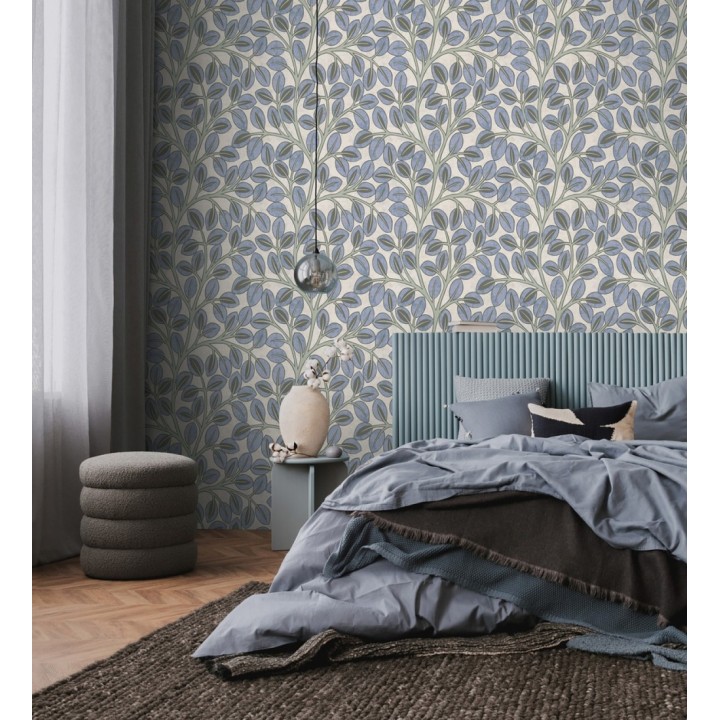 Papel pintado botánico retro refinado hojas azul añil fondo gris piedra - Pippa Spring 684953