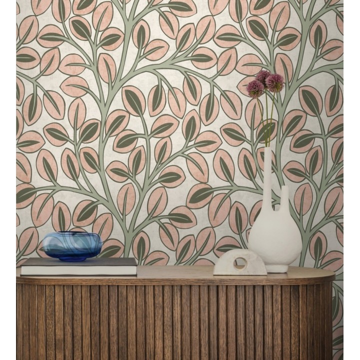 Papel pintado botánico retro refinado hojas salmón fondo arena claro - Pippa Spring 684954