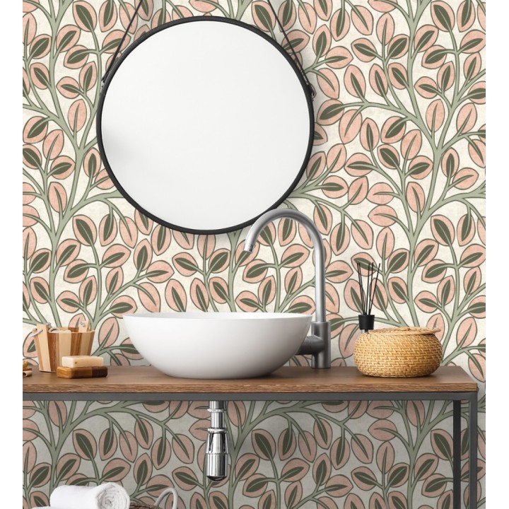 Papel pintado botánico retro refinado hojas salmón fondo arena claro - Pippa Spring 684954