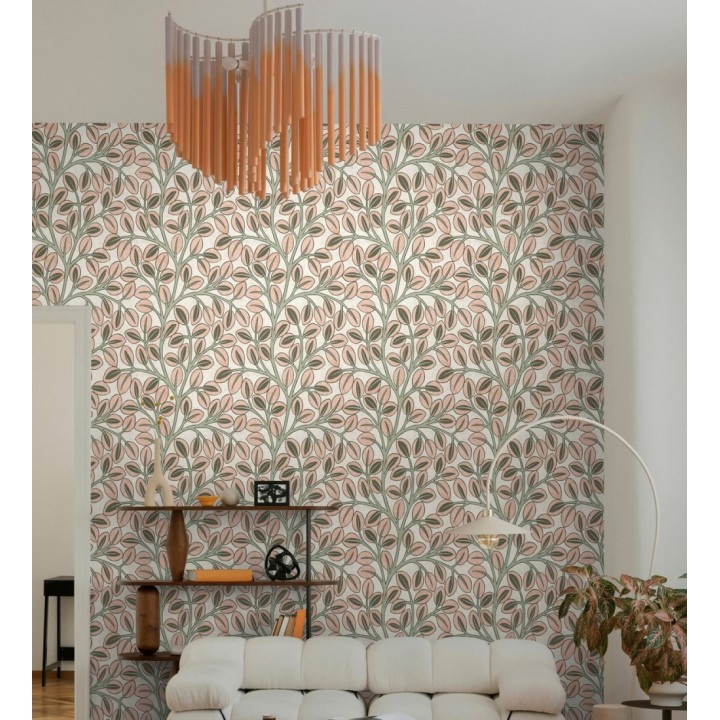 Papel pintado botánico retro refinado hojas salmón fondo arena claro - Pippa Spring 684954