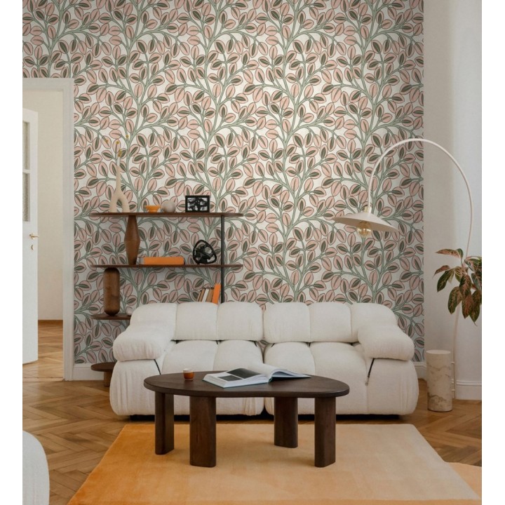 Papel pintado botánico retro refinado hojas salmón fondo arena claro - Pippa Spring 684954