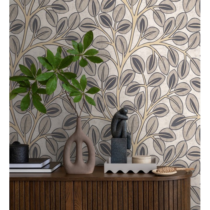 Papel pintado botánico retro refinado hojas taupe fondo gris claro - Pippa Spring 684955