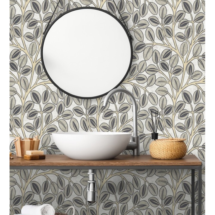 Papel pintado botánico retro refinado hojas taupe fondo gris claro - Pippa Spring 684955