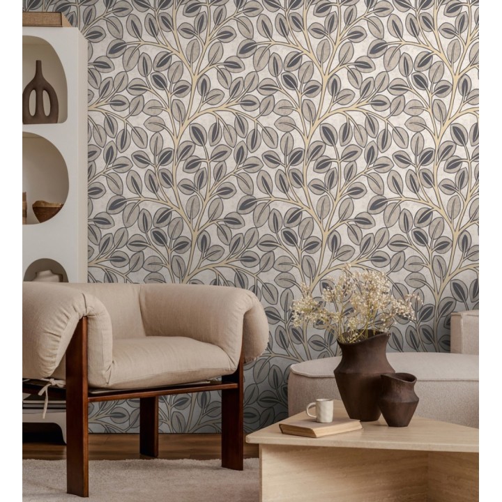 Papel pintado botánico retro refinado hojas taupe fondo gris claro - Pippa Spring 684955