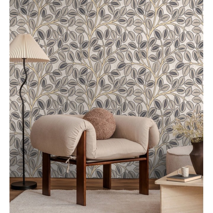 Papel pintado botánico retro refinado hojas taupe fondo gris claro - Pippa Spring 684955