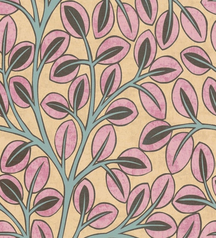 Papel pintado botánico retro refinado hojas rosa fondo ocre - Pippa Spring 684956
