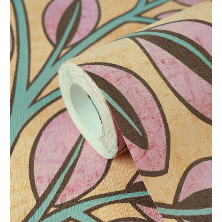 Papel pintado botánico retro refinado hojas rosa fondo ocre - Pippa Spring 684956