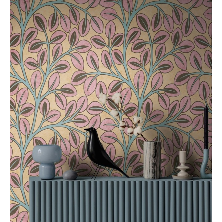 Papel pintado botánico retro refinado hojas rosa fondo ocre - Pippa Spring 684956