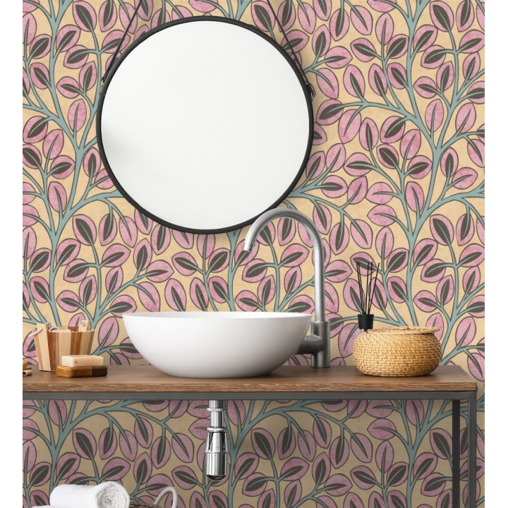 Papel pintado botánico retro refinado hojas rosa fondo ocre - Pippa Spring 684956