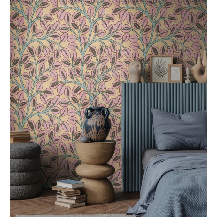 Papel pintado botánico retro refinado hojas rosa fondo ocre - Pippa Spring 684956