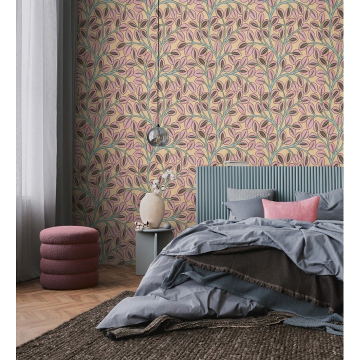 Papel pintado botánico retro refinado hojas rosa fondo ocre - Pippa Spring 684956