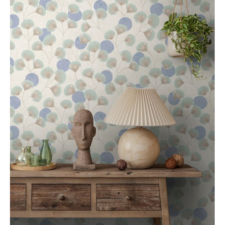 Papel pintado flores japonesas verde aguamarina con forma de abanico estilo retro - Sakura Delicate 684957