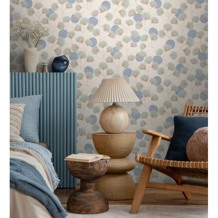 Papel pintado flores japonesas verde aguamarina con forma de abanico estilo retro - Sakura Delicate 684957