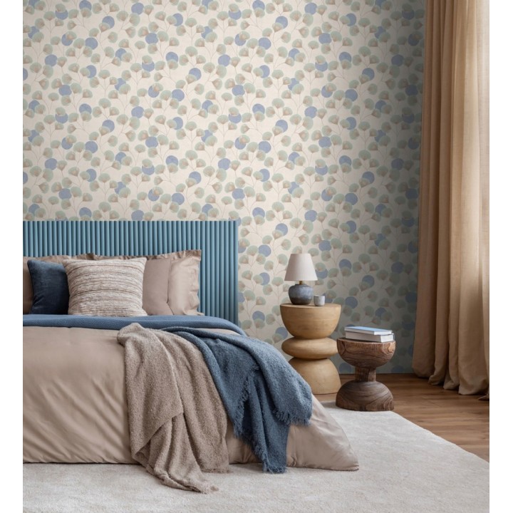 Papel pintado flores japonesas verde aguamarina con forma de abanico estilo retro - Sakura Delicate 684957