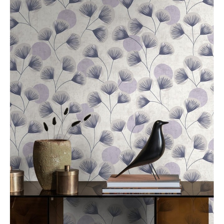 Papel pintado flores japonesas grises con forma de abanico estilo retro - Sakura Delicate 684958