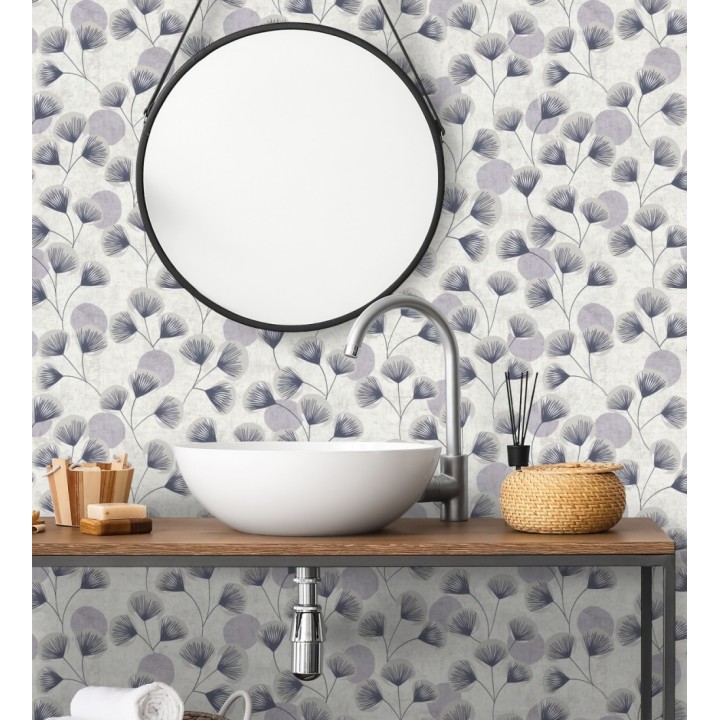 Papel pintado flores japonesas grises con forma de abanico estilo retro - Sakura Delicate 684958