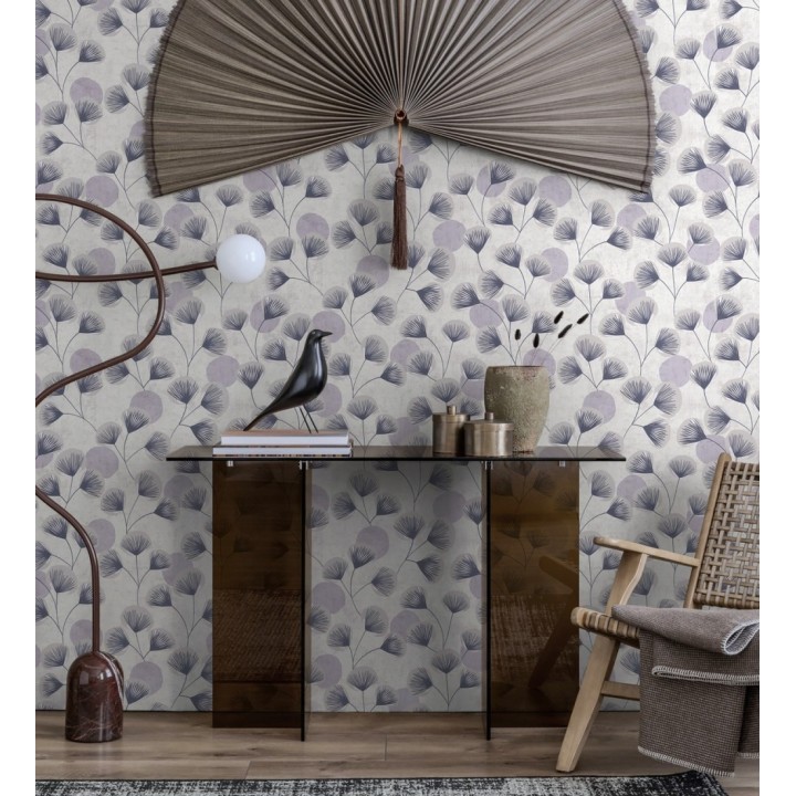 Papel pintado flores japonesas grises con forma de abanico estilo retro - Sakura Delicate 684958