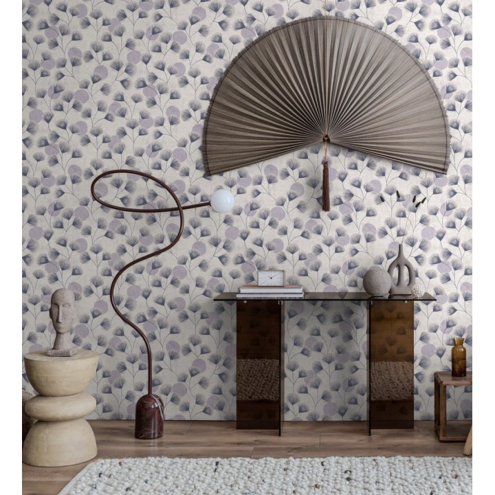 Papel pintado flores japonesas grises con forma de abanico estilo retro - Sakura Delicate 684958