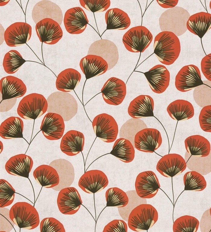 Papel pintado flores japonesas rojas con forma de abanico estilo retro - Sakura Delicate 684959