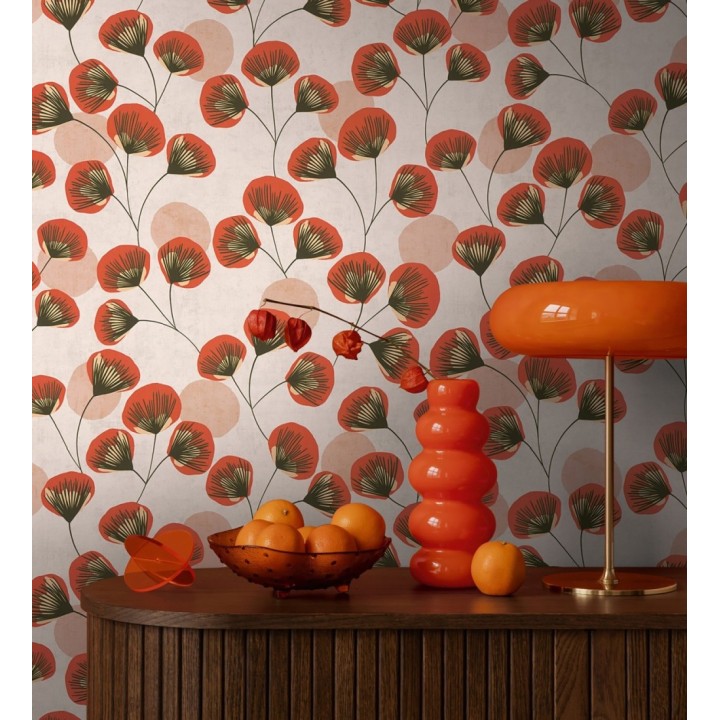 Papel pintado flores japonesas rojas con forma de abanico estilo retro - Sakura Delicate 684959