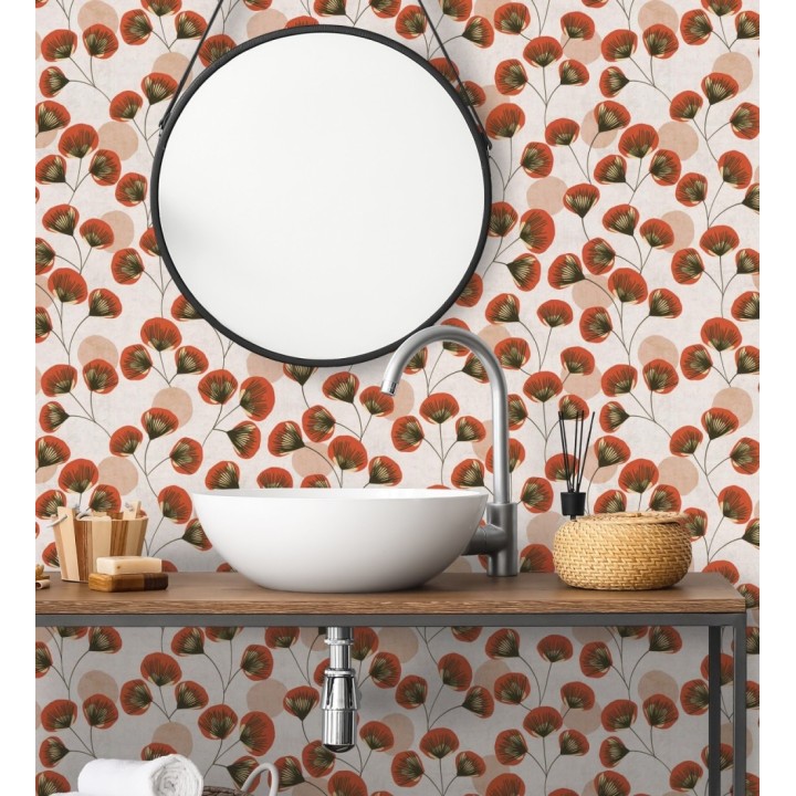 Papel pintado flores japonesas rojas con forma de abanico estilo retro - Sakura Delicate 684959