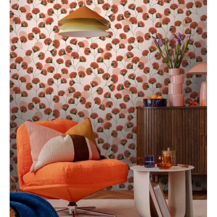 Papel pintado flores japonesas rojas con forma de abanico estilo retro - Sakura Delicate 684959