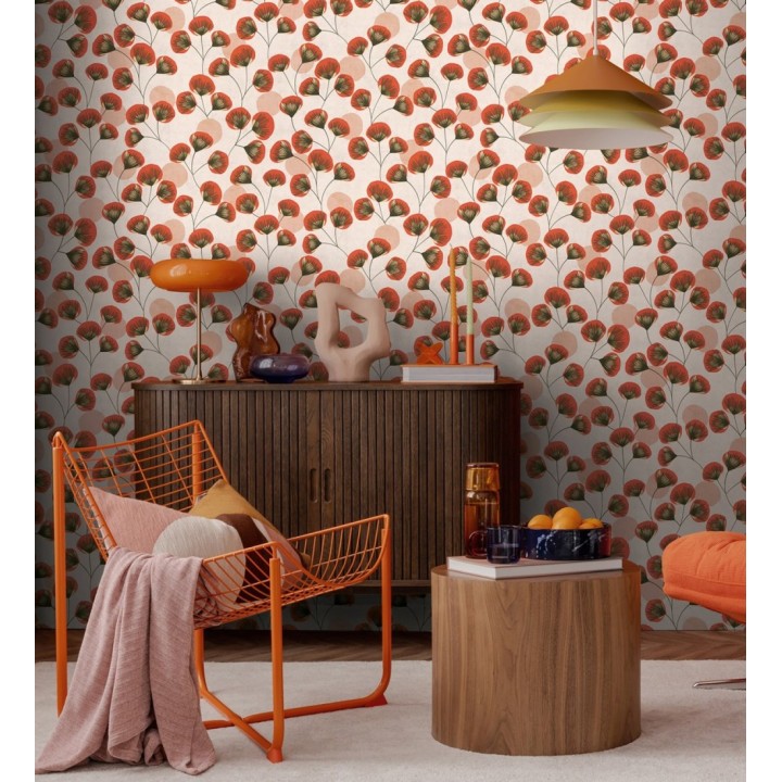 Papel pintado flores japonesas rojas con forma de abanico estilo retro - Sakura Delicate 684959